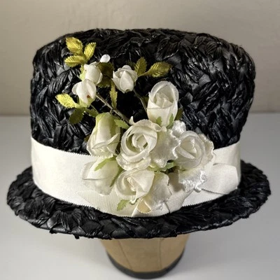 Sombrero cubo rafia tejido vintage para mujer flores Ann Egan Millinery Union etiqueta Foto 1 de 4