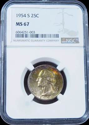 🌈 1954-S Washington Quarter 25c NGC MS67 🧊 Rainbow Toned Silver Gem! - Image 1 of 2
