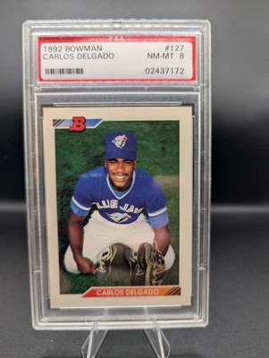 Tarjeta de novato Bowman Carlos Delgado #127 1992 Toronto Blue Jays PSA 8 Foto 1 de 2