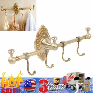 Vintage Towel Storage Shelf Brass Towel Bar Holder Wall-Mounted Rack W/ 4 Hooks - Picture 1 of 17