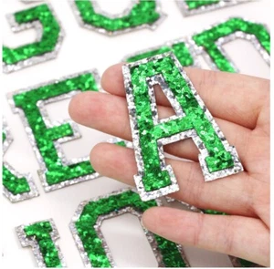 Green & Silver Glitter Varsity Letter Patch Iron or Sew on Alphabet Patches - Picture 1 of 6