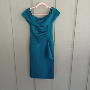 Xscape Off The Shoulder Side Ruched Scuba Crepe Cocktail Dress Size 10 In Teal - Picture 1 of 17