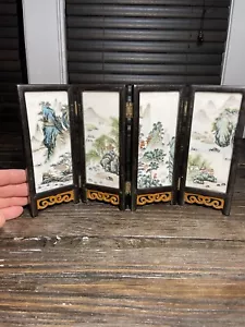 4 Tafeln Miniatur Paravent Japan handbemalte Keramik mit Holzrahmen - Bild 1 von 10