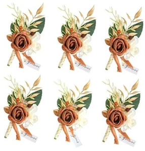 Set of 6 Wedding Boutonniere for Men Artificial Flowers Pack of 6 Terracotta - Picture 1 of 8