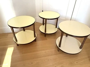 3 Vintage Mid Century Modern Round End Tables Formica And Walnut Lemon Yellow - Picture 1 of 24