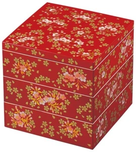Vajilla de laca Jubako Bento Box Sakura rojo cereza Osechi Yamanaka Japón 3 capas - Imagen 1 de 2