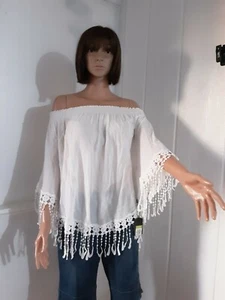 Blusa túnica para mujer Mossimo #457 con flecos al hombro nueva con etiquetas talla M blanca - Imagen 1 de 5