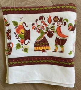 VTG PA Dutch Couple Folk Art Hand Print Linen Dining Room Tablecloth 48" x 45" - Picture 1 of 9