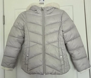 MICHAEL KORS Silver Gray Puffer Jacket With Faux Fur Trimmed Hood Girls Size 14 - Picture 1 of 12