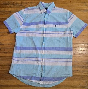 U.S. Polo Assn Button Up Short Sleeve Shirt Blue Purple White Men's Medium - Picture 1 of 6