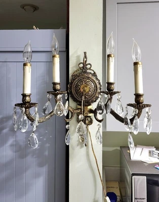 Antique Victorian Era Brass Wall Sconce Fixture 4 Light  - Image 1 of 4