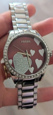 FOSSIL Heart Crystals Pave Boyfriend Bracelet Strap Watch  - image 1 of 2