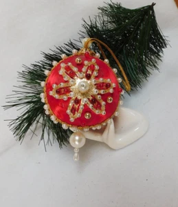 Vintage Push Pin Ornament Satin Ball Pearls & Bead Handmade Gold White & Red - Picture 1 of 13