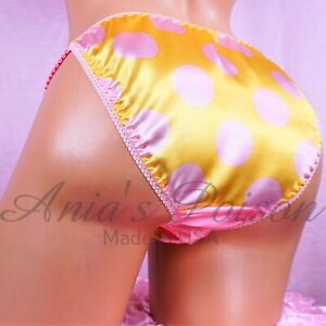 Yellow Pink Polka Dot Satin Sissy DUCHESS CUT shiny ladies string bikini panties