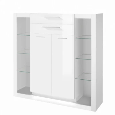 Highboard Vitrine Vitrinenschrank Hochglanz weiß Wohnzimmer Kommode Anrichte - Bild 1 von 4