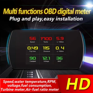 Coche Inteligente Calibre OBD2 HUD Head-Up Display Velocímetro MPH Turbo RPM Alarma 50 Datos - Imagen 1 de 7