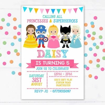 SUNSHINE PARTY UK Personalised Princess Superhero Party Invitations, Birthday Invites, pack of 10