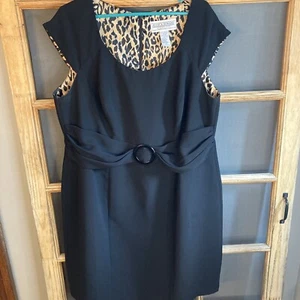 Jessica Howard Women's Petite 20P Belted Sleeveless Black Dress, Leopard Lining - Picture 1 of 20