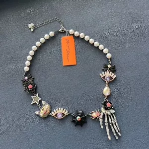 NWT! Betsey Johnson Charmed Halloween Pearl, Cat, Eye, Skeleton Hand Necklace! - Picture 1 of 7