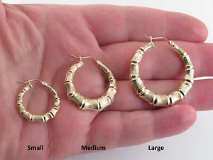 14k Yellow Gold Bamboo Hoop Earrings - Small , Medium And Large - Picture 1 of 10