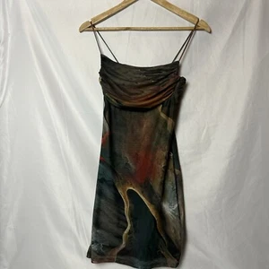 Windsor Rust Oil Painting Mini Dress, Spaghetti Straps, Ruched Bust, Sz S - Picture 1 of 6