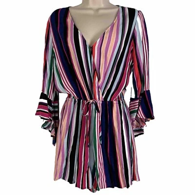 Express Romper женщин маленький цветной в полоску 3/4 Bell рукав с шорты V шеи - Изображение 1 из 4