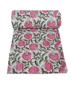 Indian Handmade Floral Print Kantha Quilt Queen Bedspread Cotton Coverlet Throw - Picture 1 of 5