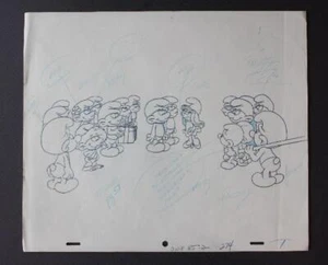 SMURFS Cartoon Pre Production Drawing 1980's Hanna Barbera Smurfette Jokey RARE - Picture 1 of 1