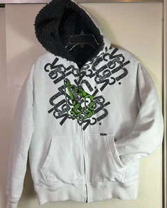 Volcom Graphic Print White Lime Green Gray LINED Hoodie Y2K Size Medium - Picture 1 of 22