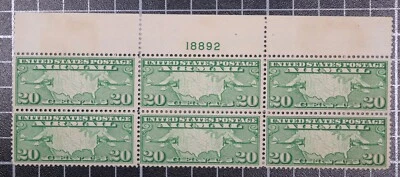 Scott C9 20 Cents Plane & Map Plate Block Of 6 OG MH Top #18892 SCV $70.00 - Image 1 of 2