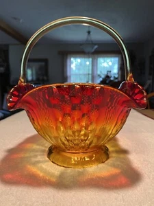 Vintage großer Wikinger Amberina Fayette Muster Kunst Glas Fuß Korb - Bild 1 von 12