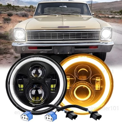 2PCS 7" Round LED Headlights Hi/Lo Beam Fit Chevy Nova 1969 1970 1971 1972- 1979 - Image 1 of 4