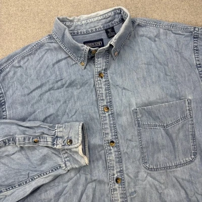 Vintage 90s Lands End Denim Chambray Shirt Mens XL Tall Light Distressed Repairs - Image 1 of 4