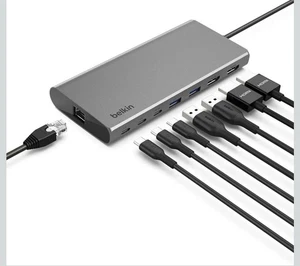 Belkin USB-C 8-in-1 Hub Silver Dual Display, 100W PD 10Gbps Transfer & Ethernet - Picture 1 of 9