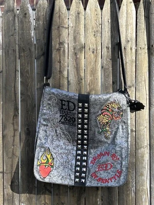 Ed Hardy Christian Audigier Silver Mouche Black Graphic Messenger Handbag Used - Image 1 of 4