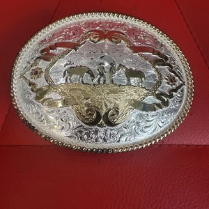 Hebilla de cinturón vintage de 4" MONTANA SILVERSMITHS placa plateada COWBOY western RODEO - Imagen 1 de 3