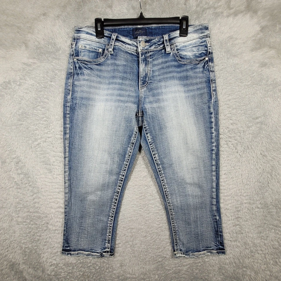 Jeans capri Daytrip VIRGO para mujer 32 azul desgastado denim elástico 34x22 Foto 1 de 4