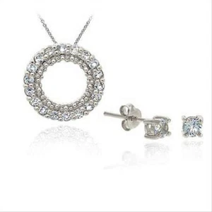 925 Silver Blue Topaz Eternity Pendant & Stud Earrings Set - Picture 1 of 1