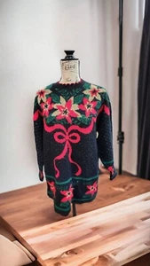 FESTIVE HOLIDAY UGLY CHRISTMAS SWEATER WITH A RED BOW & POINSETTIA - Picture 1 of 8