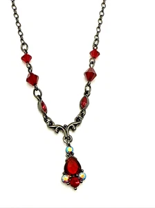 1928 Brand Red Teardrop Y Drop Pendant Necklace Victorian Revival Style 15" -18" - Picture 1 of 12