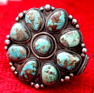 RIESIGES Vintage 11 Steine TÜRKIS CLUSTER MANSCHETTE Armband Navajo Sterling Old Pawn - Bild 1 von 7