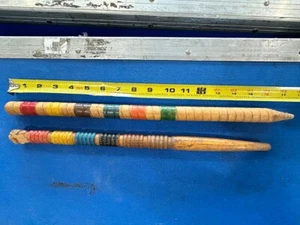 2 Vintage Hardwood Croquet Stakes 16" Wooden Posts, Colorful Accent Stripes WOOD - Picture 1 of 9