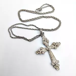 JSP Sterling Silver 925 Pave Diamond Ornate Cross Pendant Necklace 24" - Picture 1 of 13
