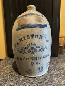 Antique JAS Hamilton, Greensboro PA 2 Gallon Blue Cobalt Stenciled Stoneware Jug - Picture 1 of 14