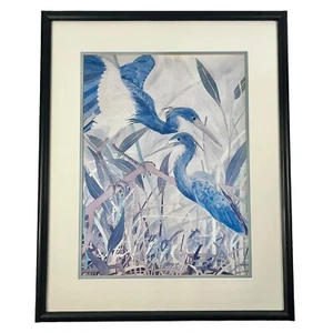 Dan Goad Druck 1981 signiert Lithographie Reiher & Babys gerahmt mattiert 21,5 x 26,5" - Bild 1 von 7
