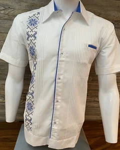 Mens Mexican Guayabera Shirt White Short Sleeve Royal Blue Embroidery Cotton Mix - Picture 1 of 6