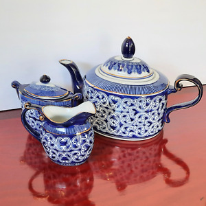 RARE Bombay Company Tea Pot Set, Flat Bottom Oval, Blue/White/Gold Porcelain