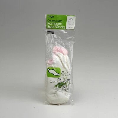 Calcetines al tobillo Deadstock vintage años 70 pompón deportes atléticos blanco rosa puntada Foto 1 de 4