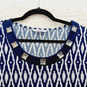 Blouse Size 1X 2X Navy Ikat Huge Jewels Glam Resort Artsy Maximalist Luxe Chic - Picture 1 of 10