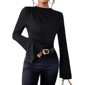 GORGLITTER Women's Flare Long Bell Sleeve Ruched Tee Tops size S - Picture 1 of 3